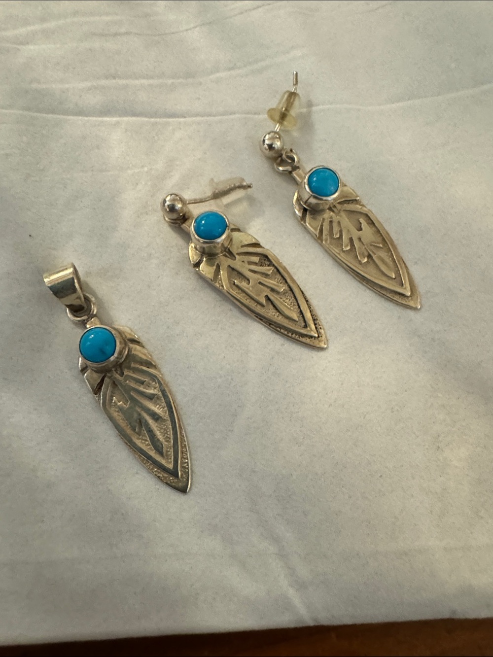 Turquoise Accent Silver Feather Drop Earrings and Pendant